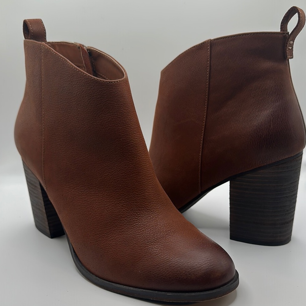 BP Sz 12‎ Lance Leather Brown Ankle Booties Block Chunky Heel - Picture 2 of 10